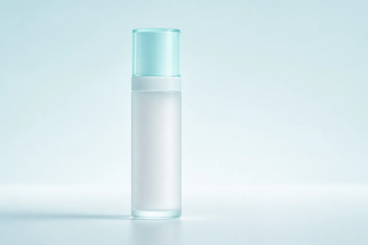 Unbranded milky-glass lotion bottle with its aqua cap closed