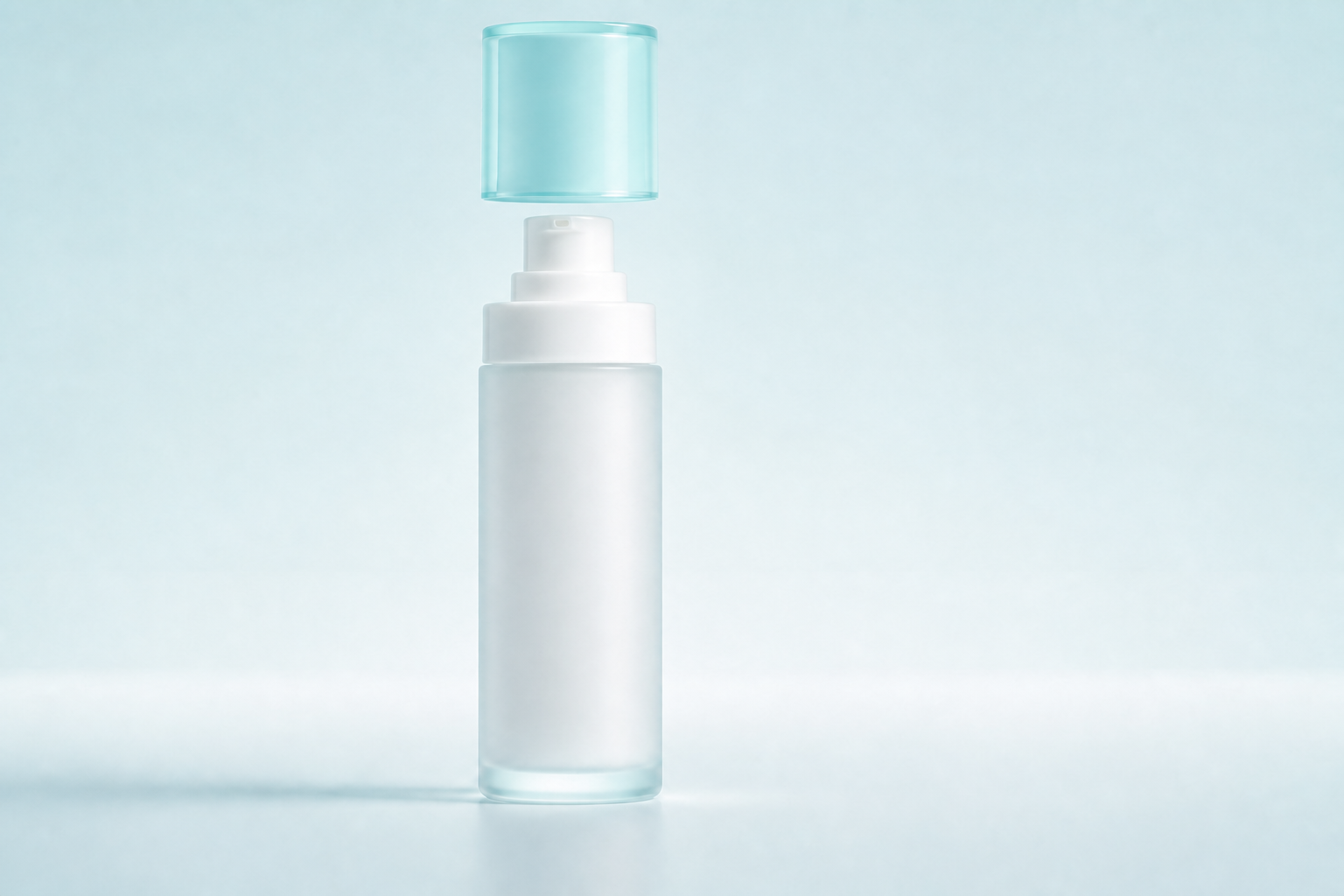 The same lotion bottle with its aqua cap fully lifted